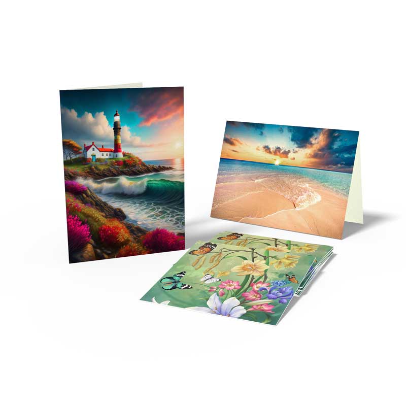 Multiple surface finishes, sizes and styles on card stock allows you to create folded and flat cards for any occasion with your artwork or photography. Order just one or take advantage of bulk pricing.